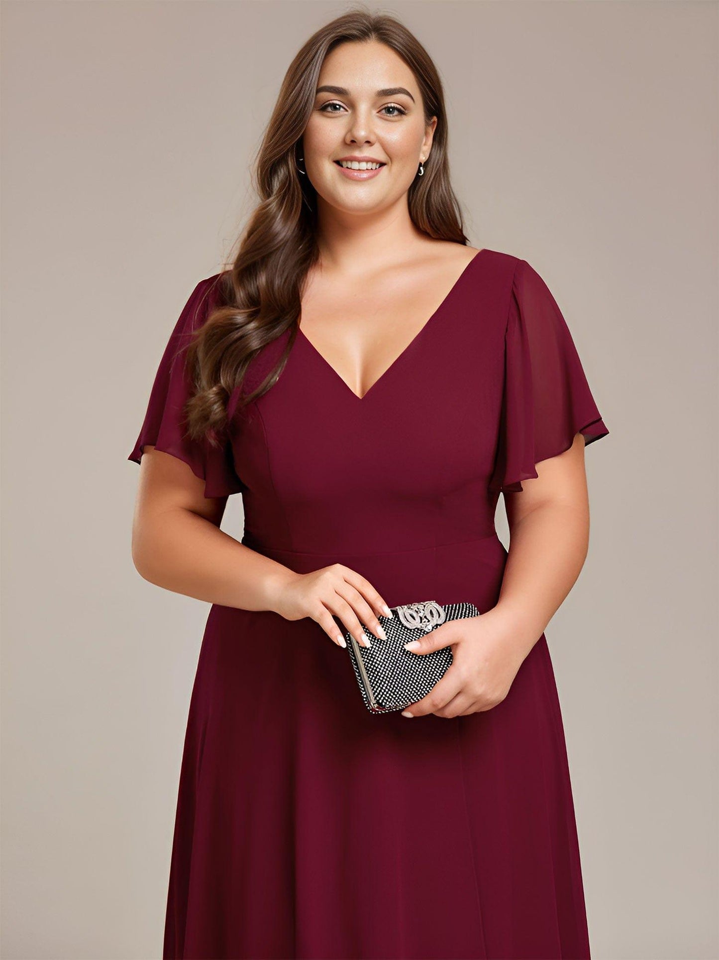 pretty AALIA|Plus Size Flowing Chiffon V-Neck Ruffle Sleeves Bridesmaid Dress