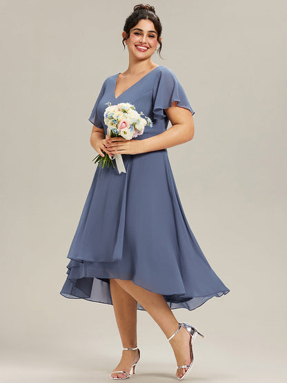 pretty AALIA|Plus Size Flowing Chiffon V-Neck Ruffle Sleeves Bridesmaid Dress