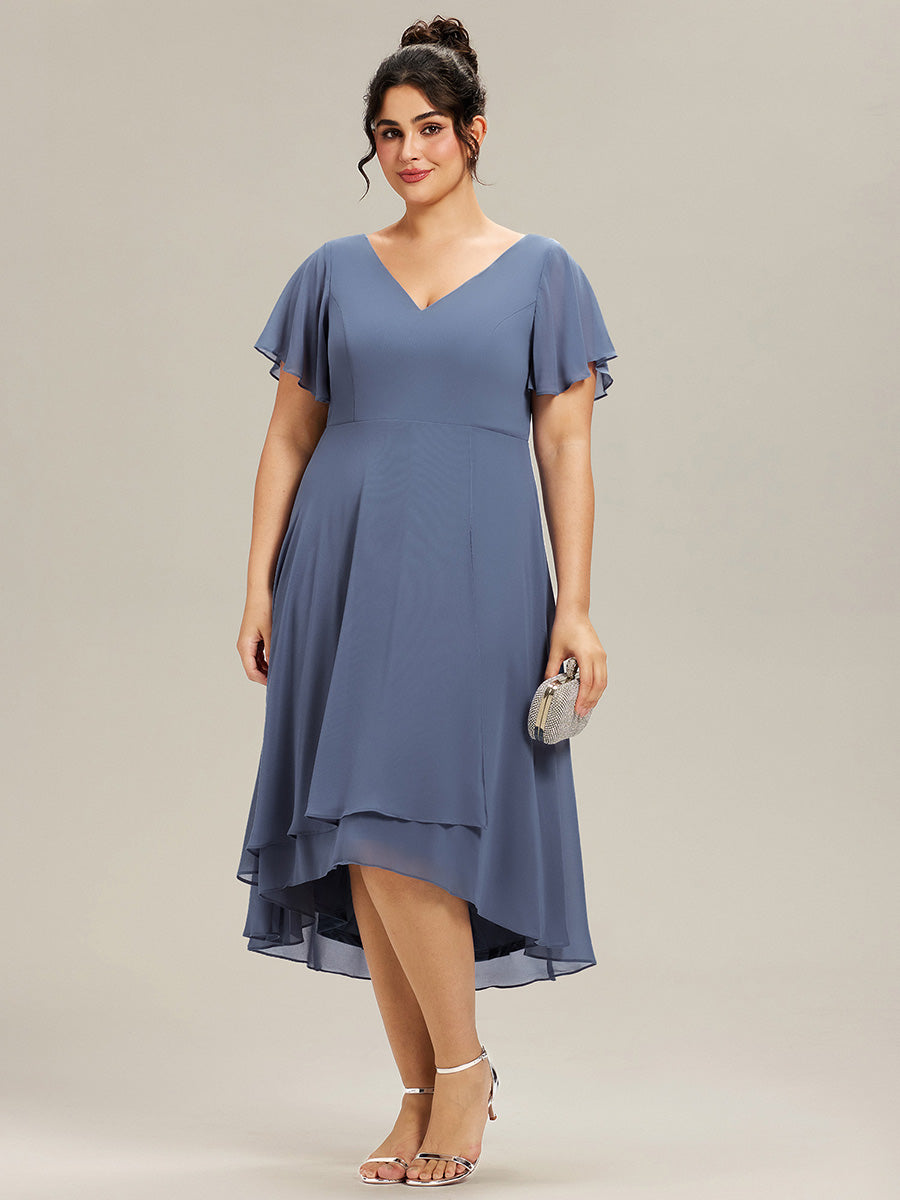 pretty AALIA|Plus Size Flowing Chiffon V-Neck Ruffle Sleeves Bridesmaid Dress