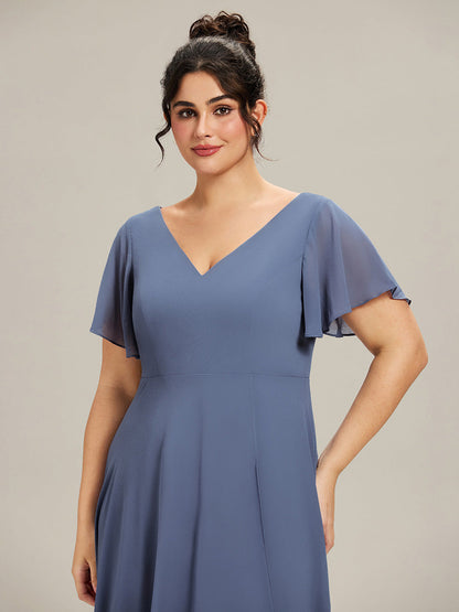 pretty AALIA|Plus Size Flowing Chiffon V-Neck Ruffle Sleeves Bridesmaid Dress