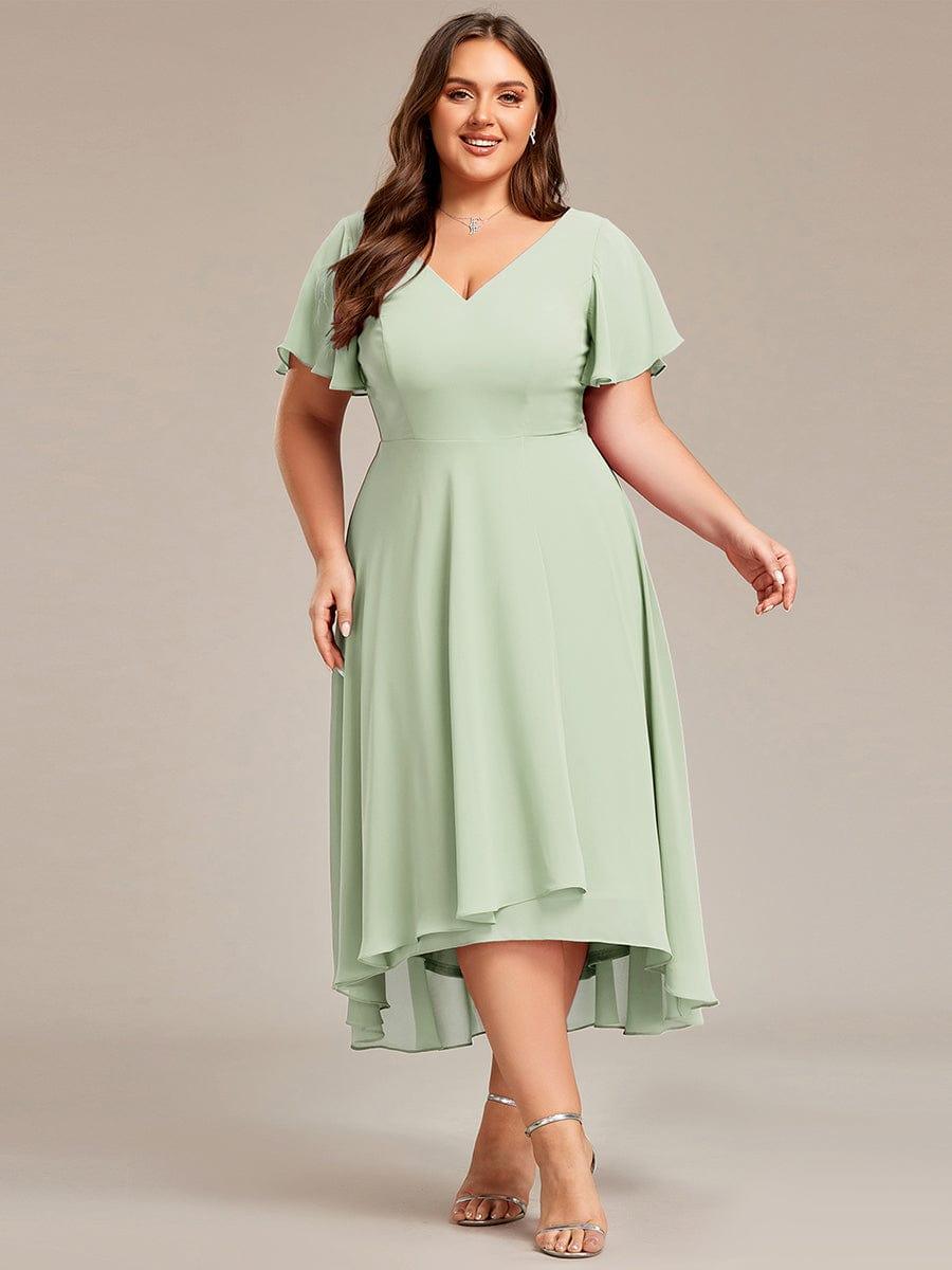 pretty AALIA|Plus Size Flowing Chiffon V-Neck Ruffle Sleeves Bridesmaid Dress