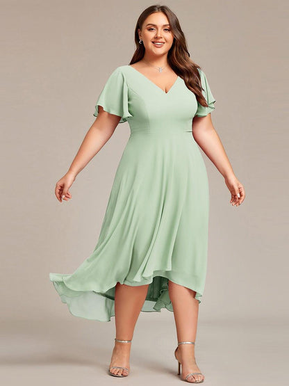pretty AALIA|Plus Size Flowing Chiffon V-Neck Ruffle Sleeves Bridesmaid Dress