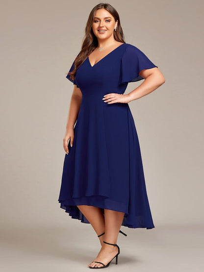 pretty AALIA|Plus Size Flowing Chiffon V-Neck Ruffle Sleeves Bridesmaid Dress