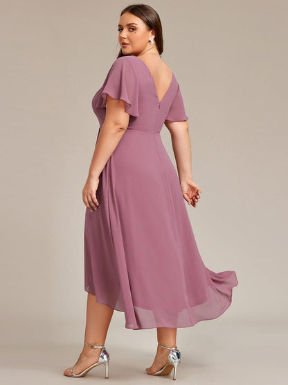 pretty AALIA|Plus Size Flowing Chiffon V-Neck Ruffle Sleeves Bridesmaid Dress
