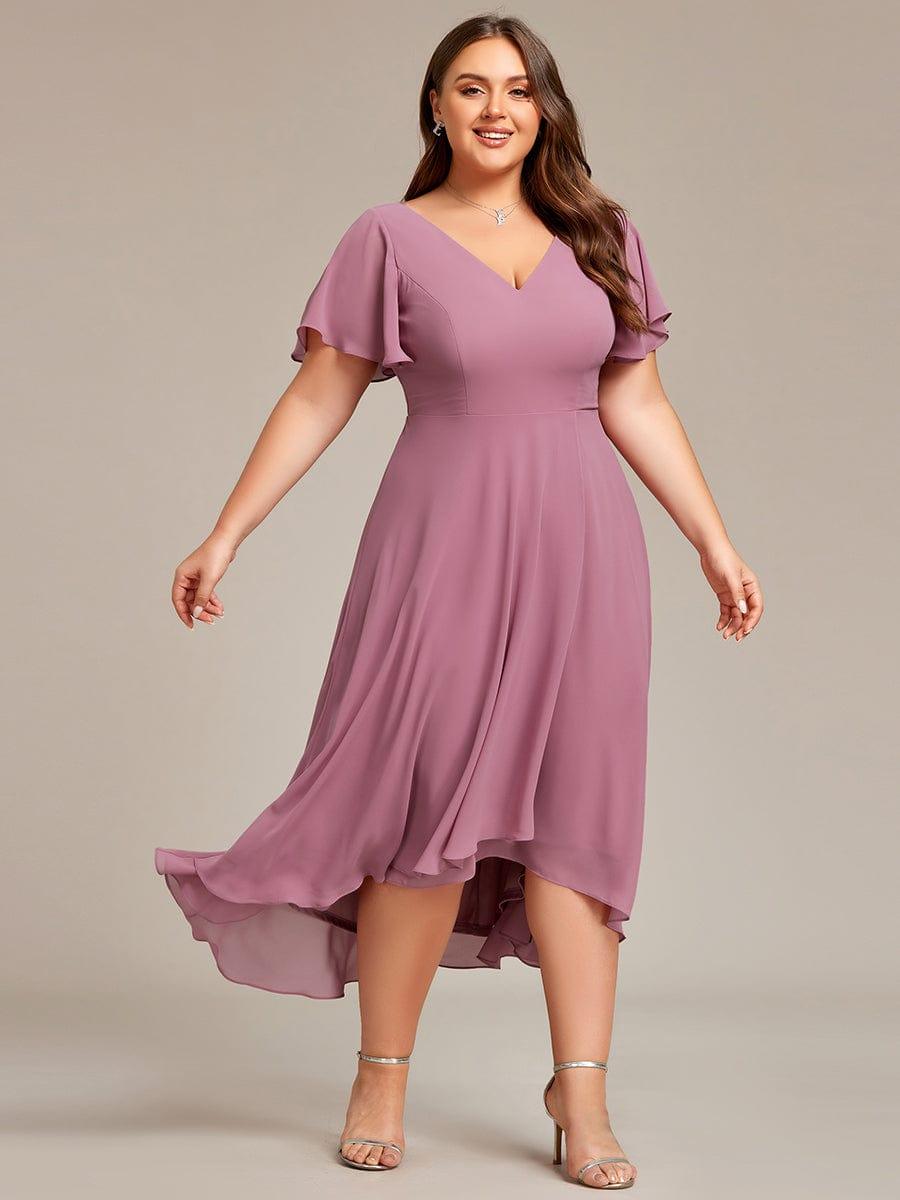 pretty AALIA|Plus Size Flowing Chiffon V-Neck Ruffle Sleeves Bridesmaid Dress