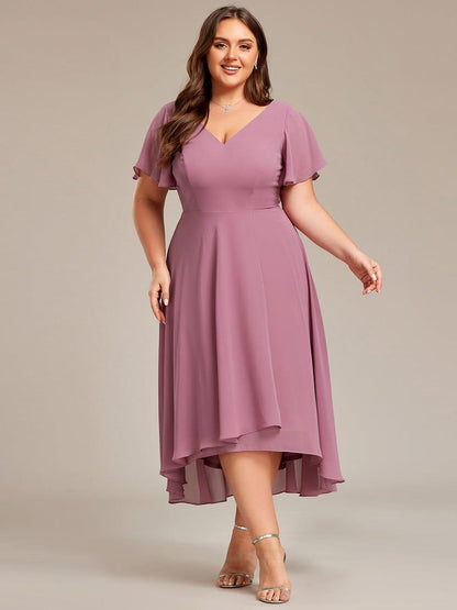 pretty AALIA|Plus Size Flowing Chiffon V-Neck Ruffle Sleeves Bridesmaid Dress