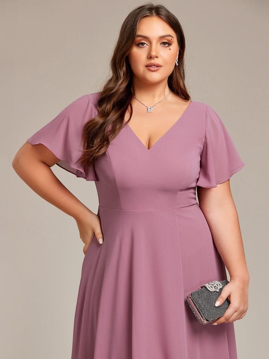 pretty AALIA|Plus Size Flowing Chiffon V-Neck Ruffle Sleeves Bridesmaid Dress