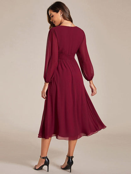 pretty AMARA|Plus Size Flowy Long Sleeves V-Neck Midi Chiffon Wedding Guest Dress