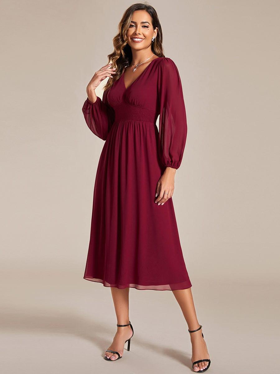 pretty AMARA|Plus Size Flowy Long Sleeves V-Neck Midi Chiffon Wedding Guest Dress