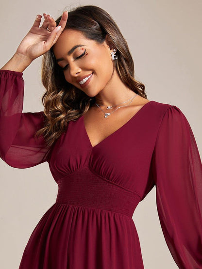 pretty AMARA|Plus Size Flowy Long Sleeves V-Neck Midi Chiffon Wedding Guest Dress
