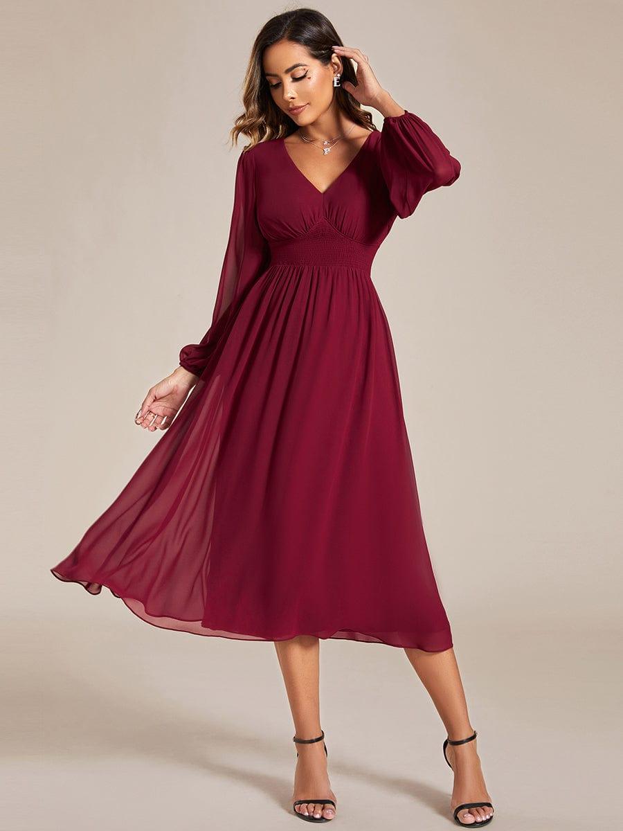 pretty AMARA|Plus Size Flowy Long Sleeves V-Neck Midi Chiffon Wedding Guest Dress