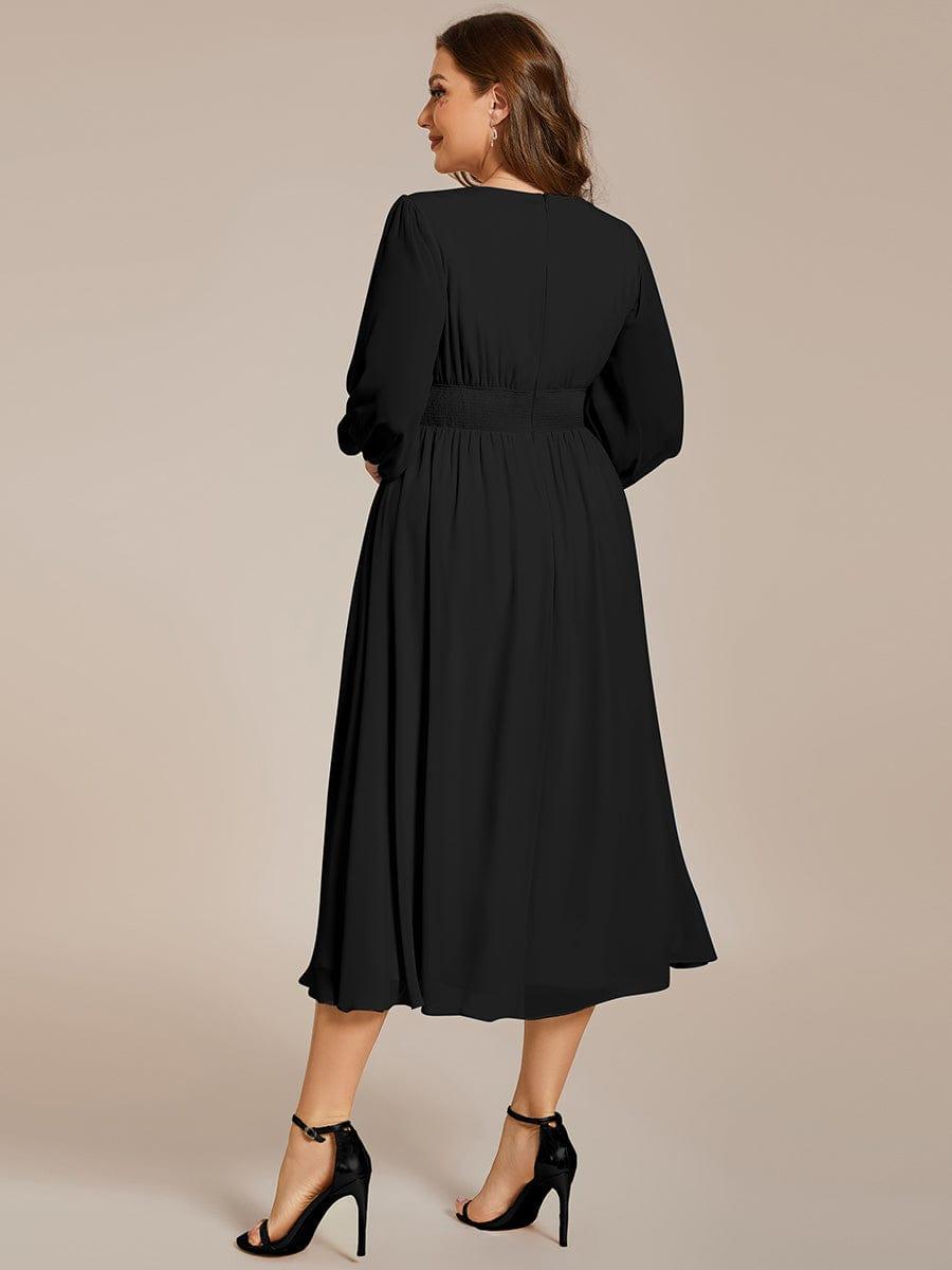 pretty AMARA|Plus Size Flowy Long Sleeves V-Neck Midi Chiffon Wedding Guest Dress