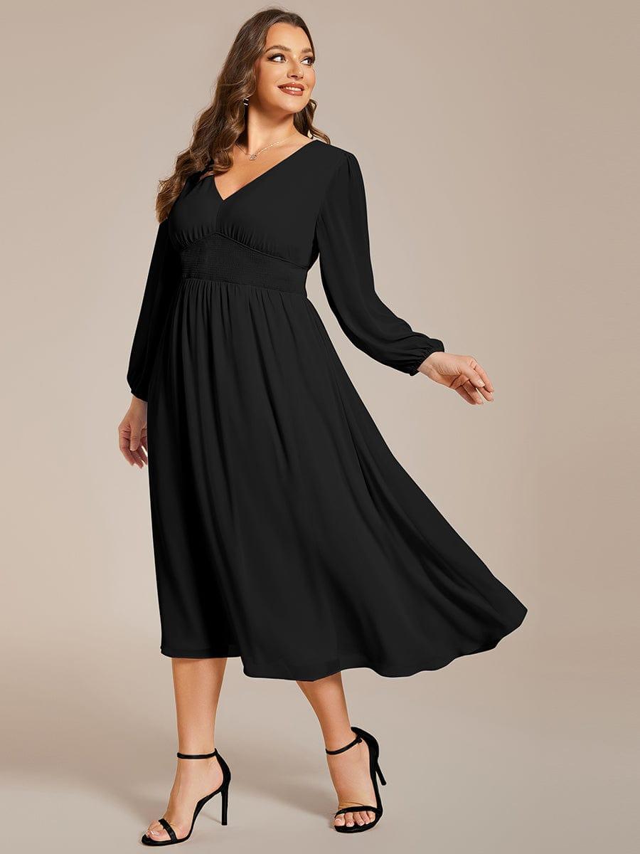 pretty AMARA|Plus Size Flowy Long Sleeves V-Neck Midi Chiffon Wedding Guest Dress