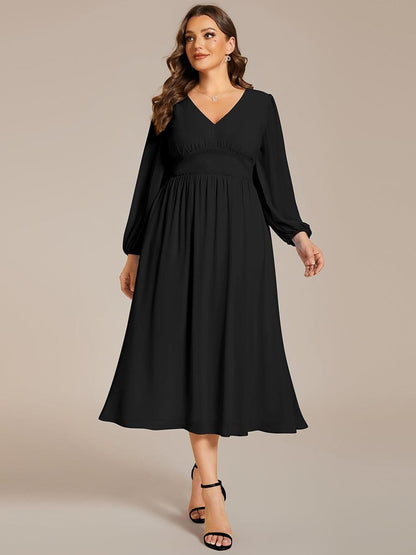 pretty AMARA|Plus Size Flowy Long Sleeves V-Neck Midi Chiffon Wedding Guest Dress