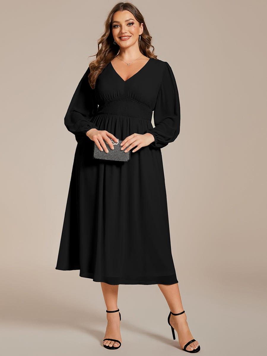 pretty AMARA|Plus Size Flowy Long Sleeves V-Neck Midi Chiffon Wedding Guest Dress