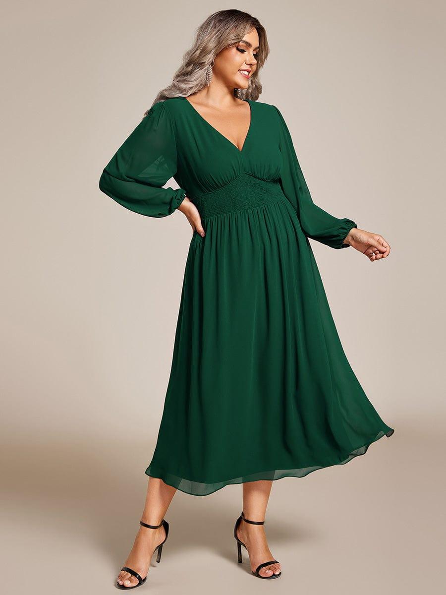 pretty AMARA|Plus Size Flowy Long Sleeves V-Neck Midi Chiffon Wedding Guest Dress