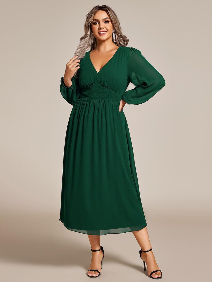 pretty AMARA|Plus Size Flowy Long Sleeves V-Neck Midi Chiffon Wedding Guest Dress