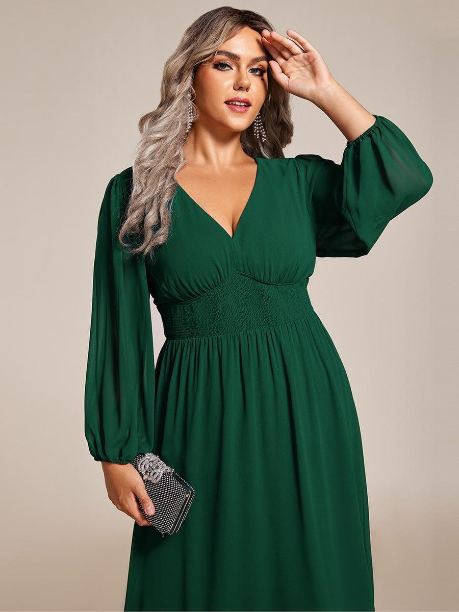 pretty AMARA|Plus Size Flowy Long Sleeves V-Neck Midi Chiffon Wedding Guest Dress