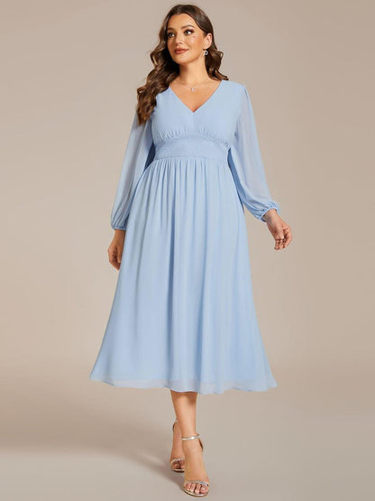 pretty AMARA|Plus Size Flowy Long Sleeves V-Neck Midi Chiffon Wedding Guest Dress