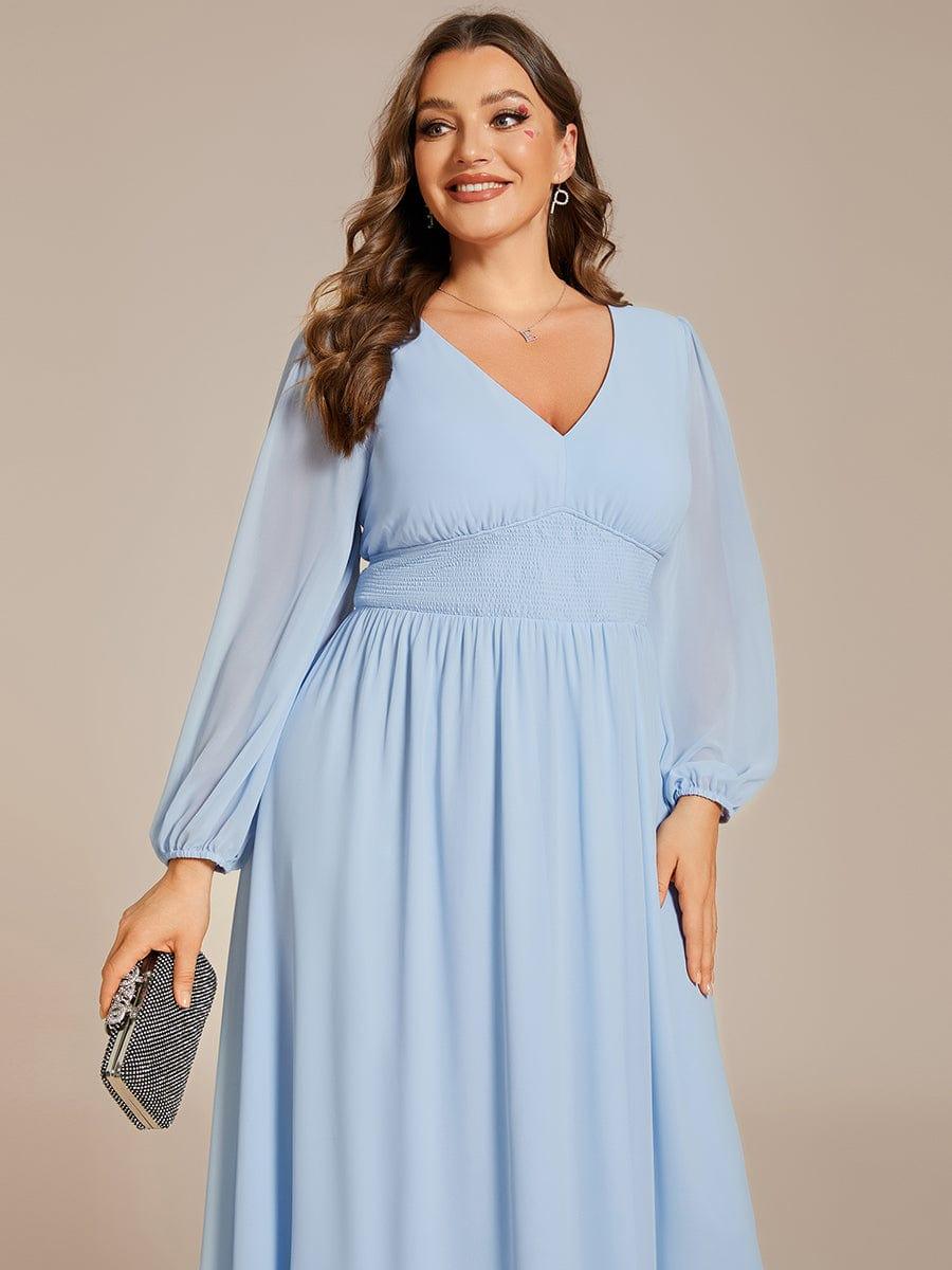 pretty AMARA|Plus Size Flowy Long Sleeves V-Neck Midi Chiffon Wedding Guest Dress