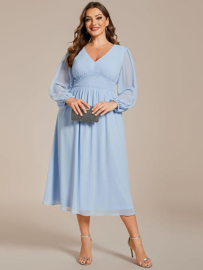 pretty AMARA|Plus Size Flowy Long Sleeves V-Neck Midi Chiffon Wedding Guest Dress