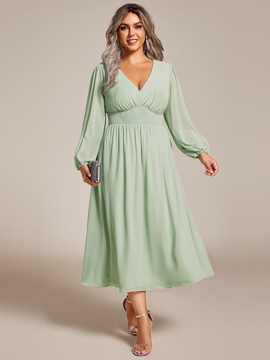 pretty AMARA|Plus Size Flowy Long Sleeves V-Neck Midi Chiffon Wedding Guest Dress