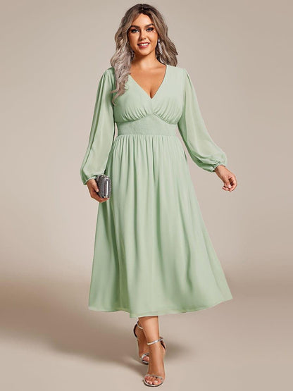 pretty AMARA|Plus Size Flowy Long Sleeves V-Neck Midi Chiffon Wedding Guest Dress