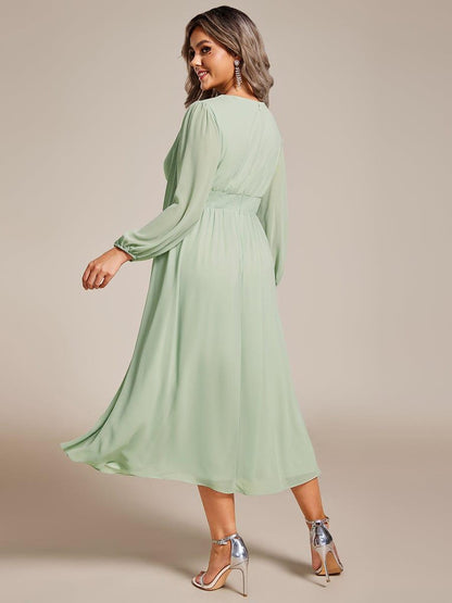 pretty AMARA|Plus Size Flowy Long Sleeves V-Neck Midi Chiffon Wedding Guest Dress
