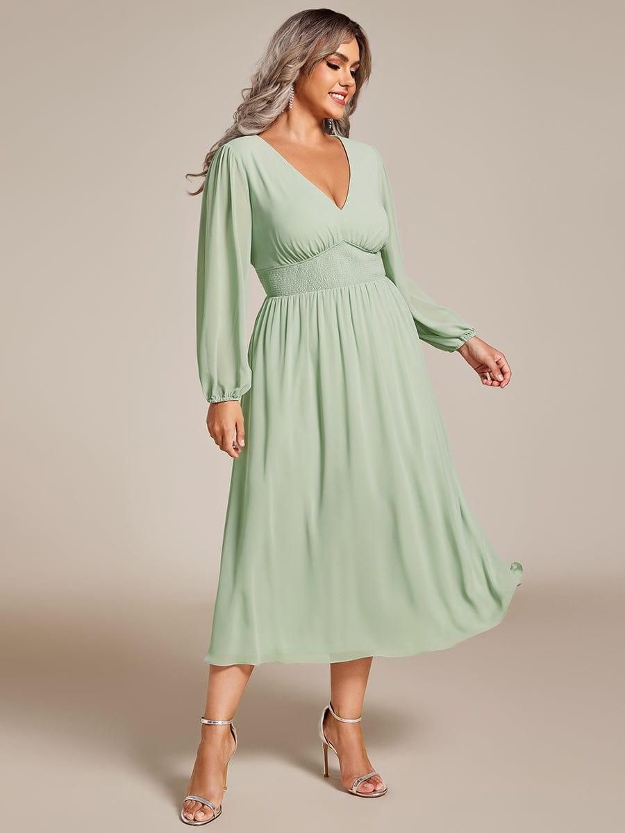 pretty AMARA|Plus Size Flowy Long Sleeves V-Neck Midi Chiffon Wedding Guest Dress
