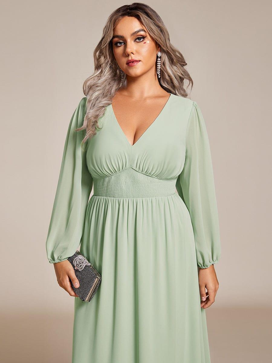 pretty AMARA|Plus Size Flowy Long Sleeves V-Neck Midi Chiffon Wedding Guest Dress