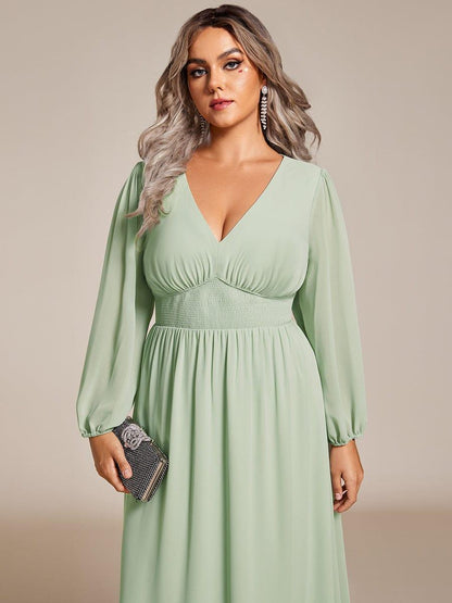 pretty AMARA|Plus Size Flowy Long Sleeves V-Neck Midi Chiffon Wedding Guest Dress