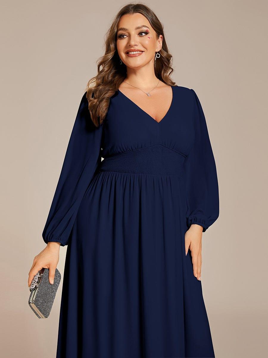 pretty AMARA|Plus Size Flowy Long Sleeves V-Neck Midi Chiffon Wedding Guest Dress