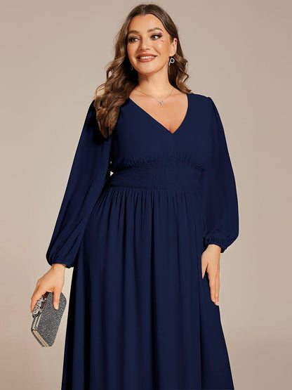 pretty AMARA|Plus Size Flowy Long Sleeves V-Neck Midi Chiffon Wedding Guest Dress