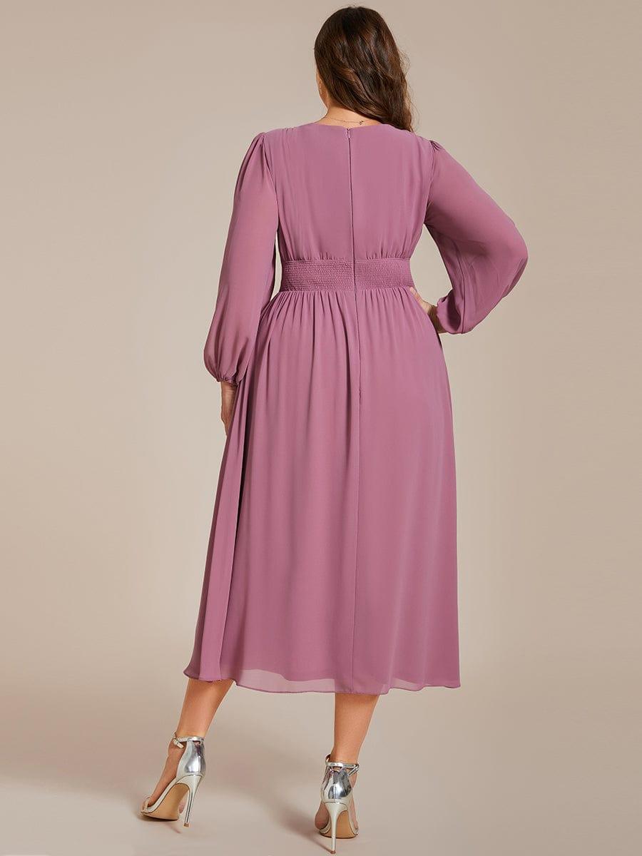 pretty AMARA|Plus Size Flowy Long Sleeves V-Neck Midi Chiffon Wedding Guest Dress