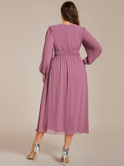 pretty AMARA|Plus Size Flowy Long Sleeves V-Neck Midi Chiffon Wedding Guest Dress