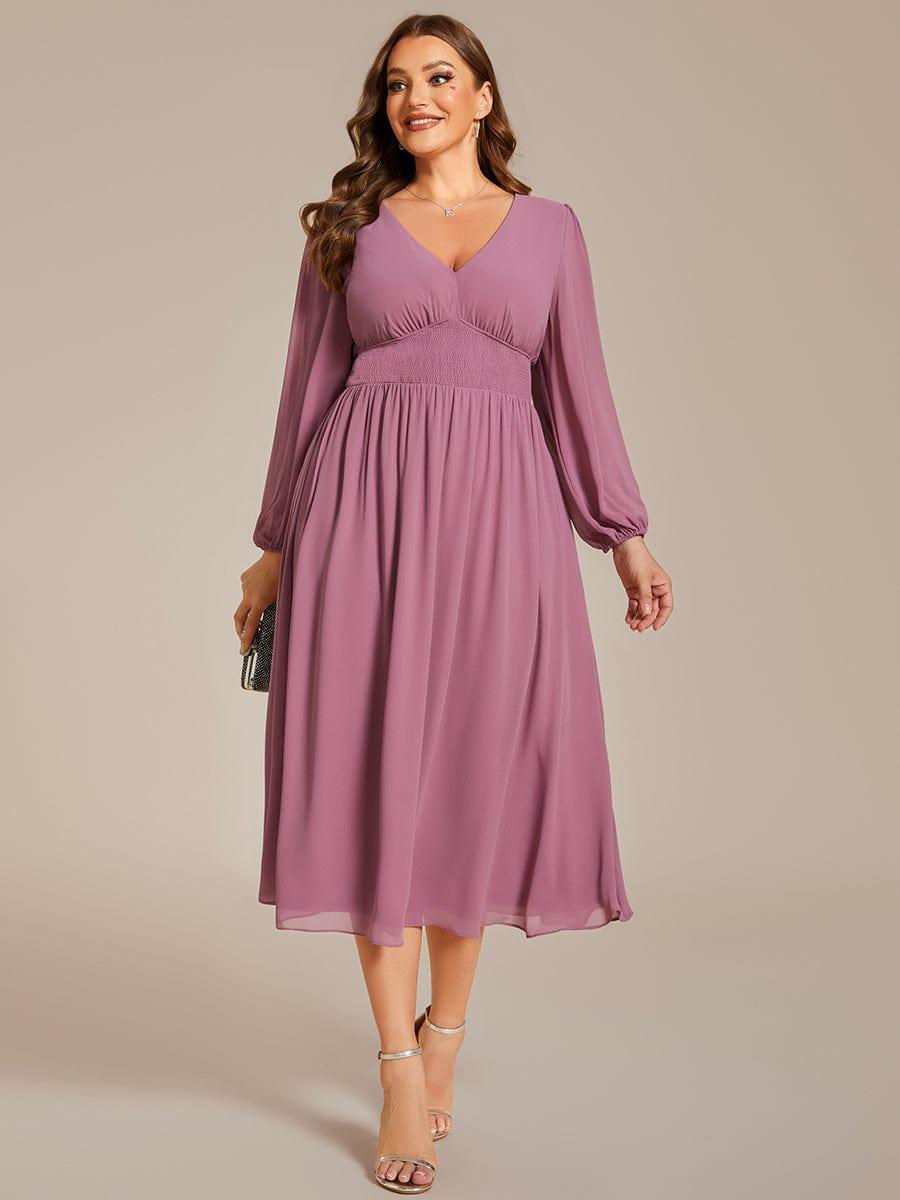 pretty AMARA|Plus Size Flowy Long Sleeves V-Neck Midi Chiffon Wedding Guest Dress