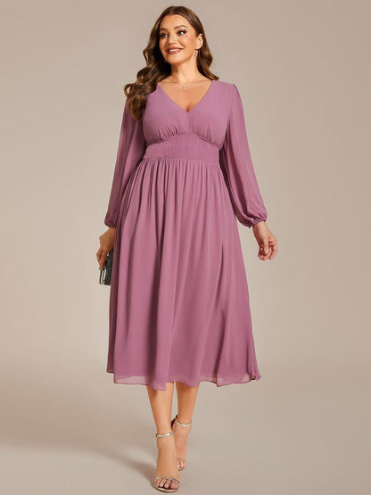 pretty AMARA|Plus Size Flowy Long Sleeves V-Neck Midi Chiffon Wedding Guest Dress