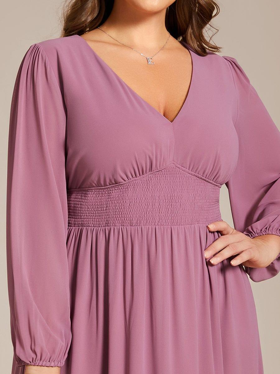 pretty AMARA|Plus Size Flowy Long Sleeves V-Neck Midi Chiffon Wedding Guest Dress