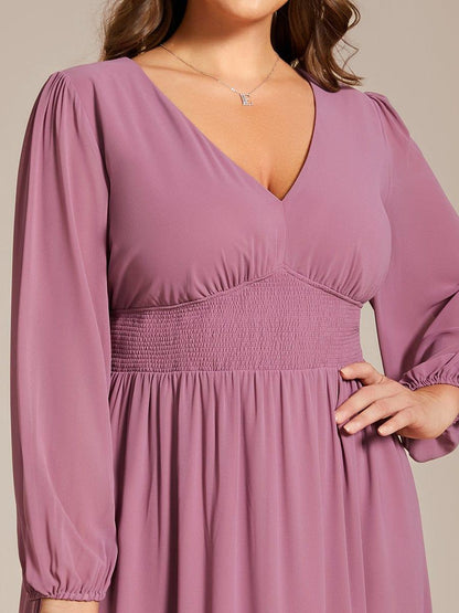 pretty AMARA|Plus Size Flowy Long Sleeves V-Neck Midi Chiffon Wedding Guest Dress