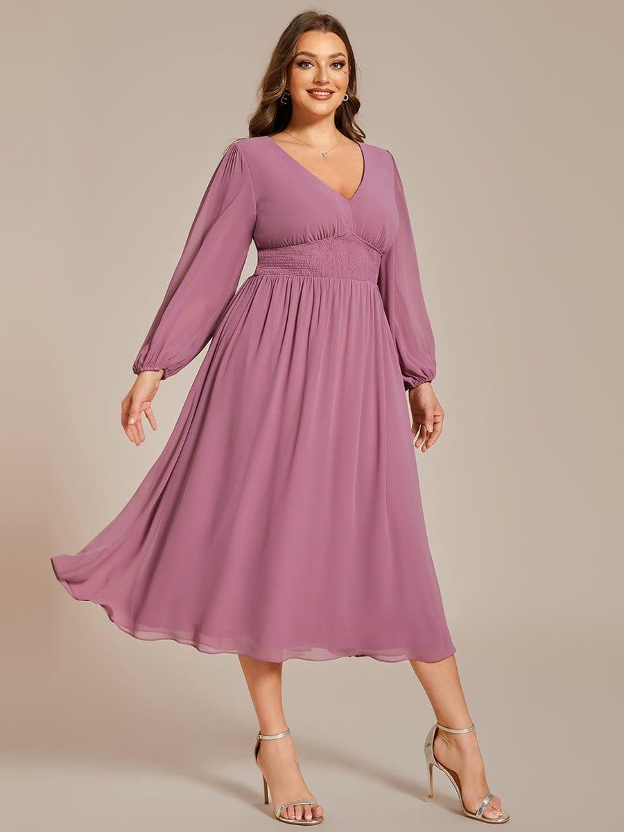 pretty AMARA|Plus Size Flowy Long Sleeves V-Neck Midi Chiffon Wedding Guest Dress