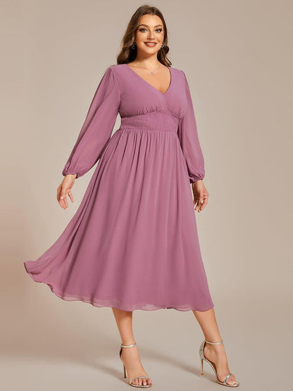 pretty AMARA|Plus Size Flowy Long Sleeves V-Neck Midi Chiffon Wedding Guest Dress