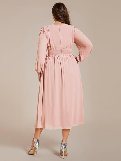 pretty AMARA|Plus Size Flowy Long Sleeves V-Neck Midi Chiffon Wedding Guest Dress