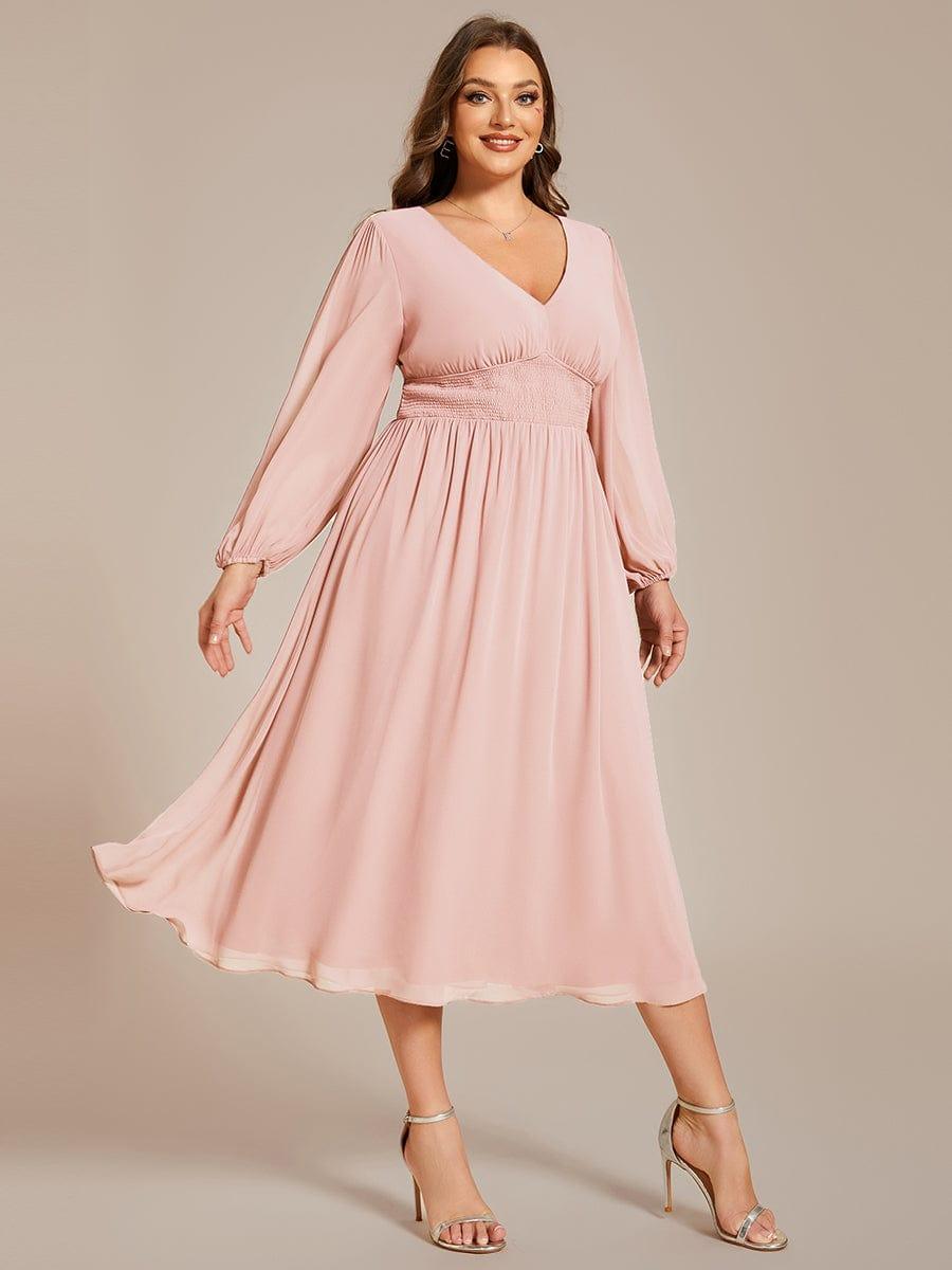 pretty AMARA|Plus Size Flowy Long Sleeves V-Neck Midi Chiffon Wedding Guest Dress