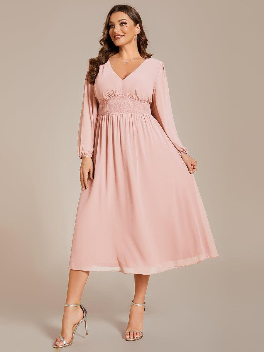 pretty AMARA|Plus Size Flowy Long Sleeves V-Neck Midi Chiffon Wedding Guest Dress