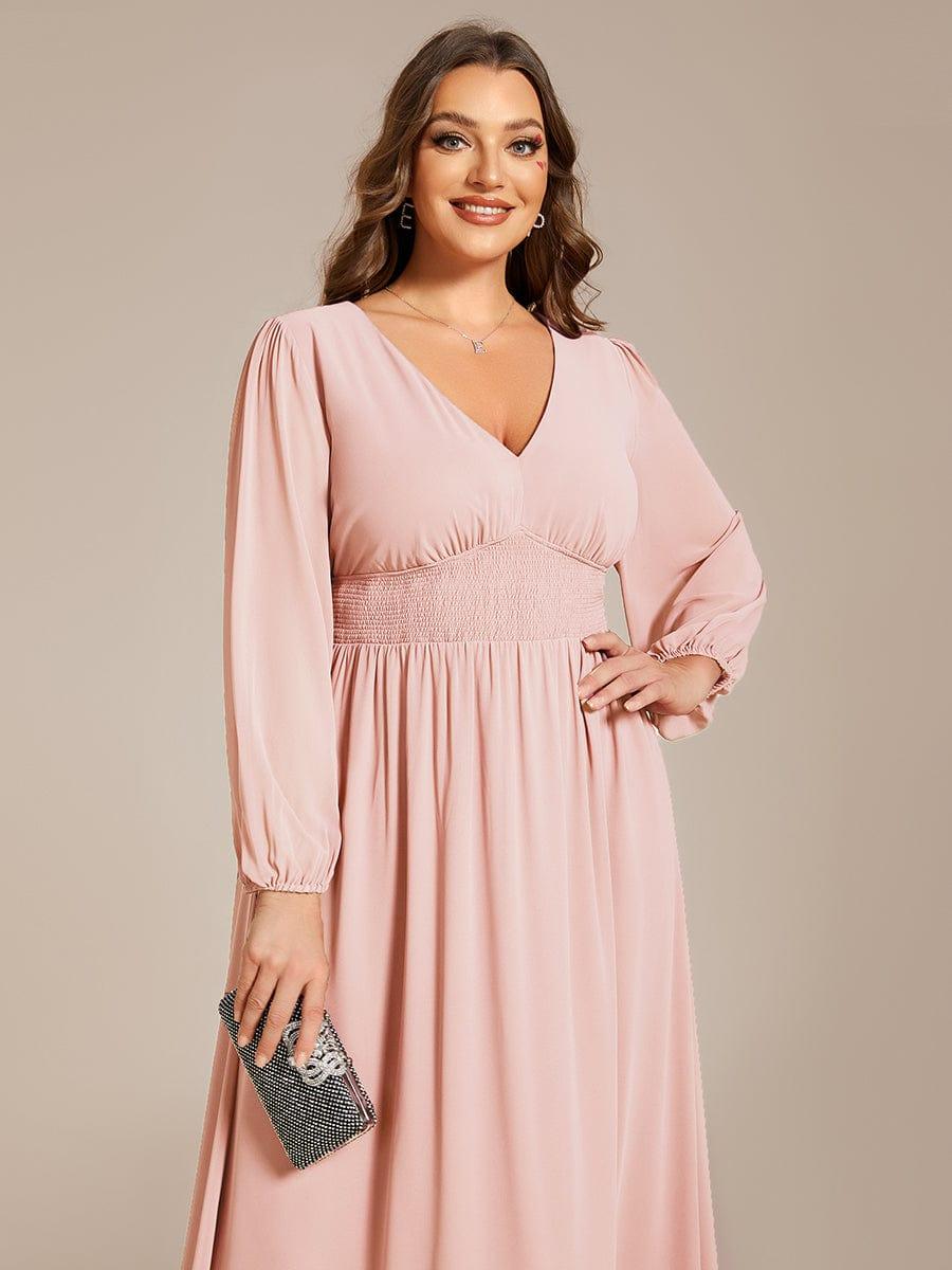 pretty AMARA|Plus Size Flowy Long Sleeves V-Neck Midi Chiffon Wedding Guest Dress
