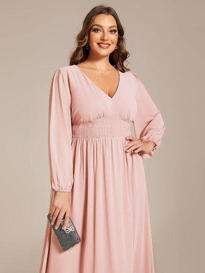 pretty AMARA|Plus Size Flowy Long Sleeves V-Neck Midi Chiffon Wedding Guest Dress