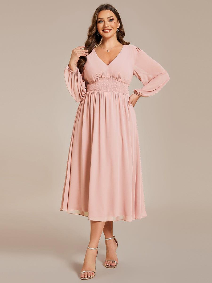 pretty AMARA|Plus Size Flowy Long Sleeves V-Neck Midi Chiffon Wedding Guest Dress