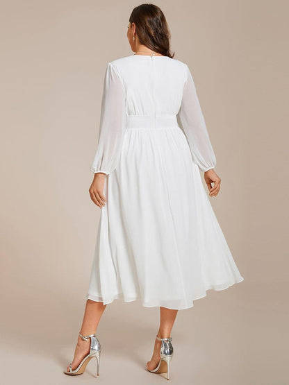 pretty AMARA|Plus Size Flowy Long Sleeves V-Neck Midi Chiffon Wedding Guest Dress