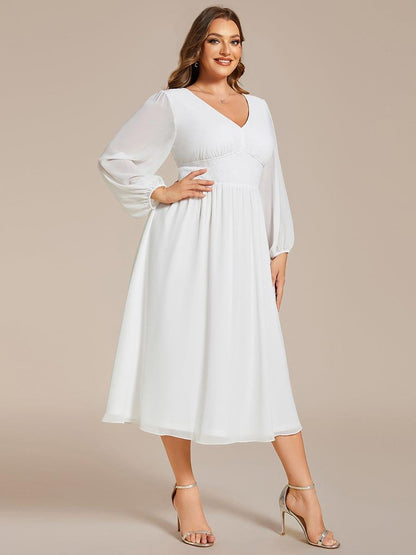 pretty AMARA|Plus Size Flowy Long Sleeves V-Neck Midi Chiffon Wedding Guest Dress
