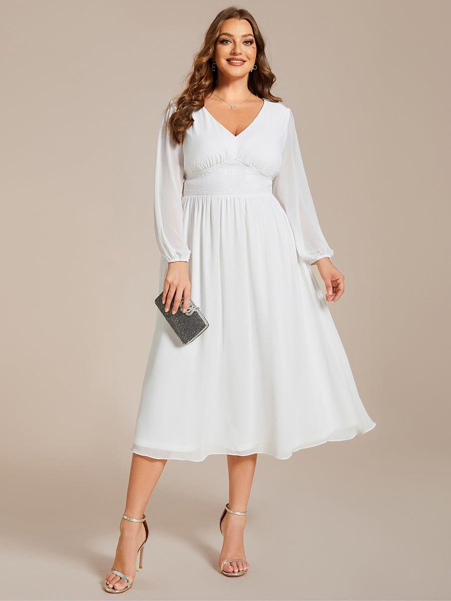 pretty AMARA|Plus Size Flowy Long Sleeves V-Neck Midi Chiffon Wedding Guest Dress